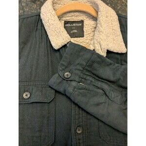 Hollister Sherpa Lined Shirt Jacket Black Button Front Chore Coat Men's Large